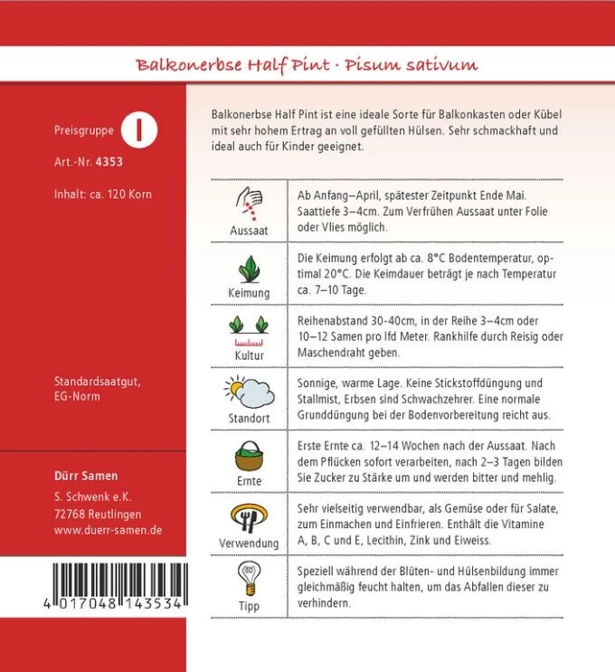 Balkonerbse Half Pint (Erbsensamen), Sehr Hoher Ertrag An Voll Gefüllten Hülsen, Ideal Für Kübel 3 Balkonerbse Half Pint (Erbsensamen), Sehr Hoher Ertrag An Voll Gefüllten Hülsen, Ideal Für Kübel