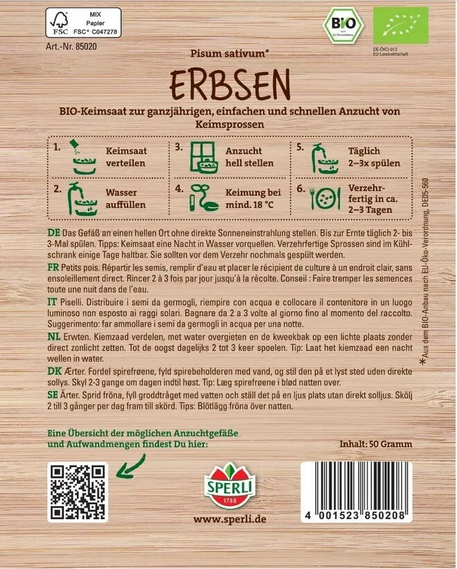 BIO Keimsprossen-Saat Erbsen, Inhalt: 50gr., Geschmack: Leicht Süßlich 2 BIO Keimsprossen-Saat Erbsen, Inhalt: 50gr., Geschmack: Leicht Süßlich