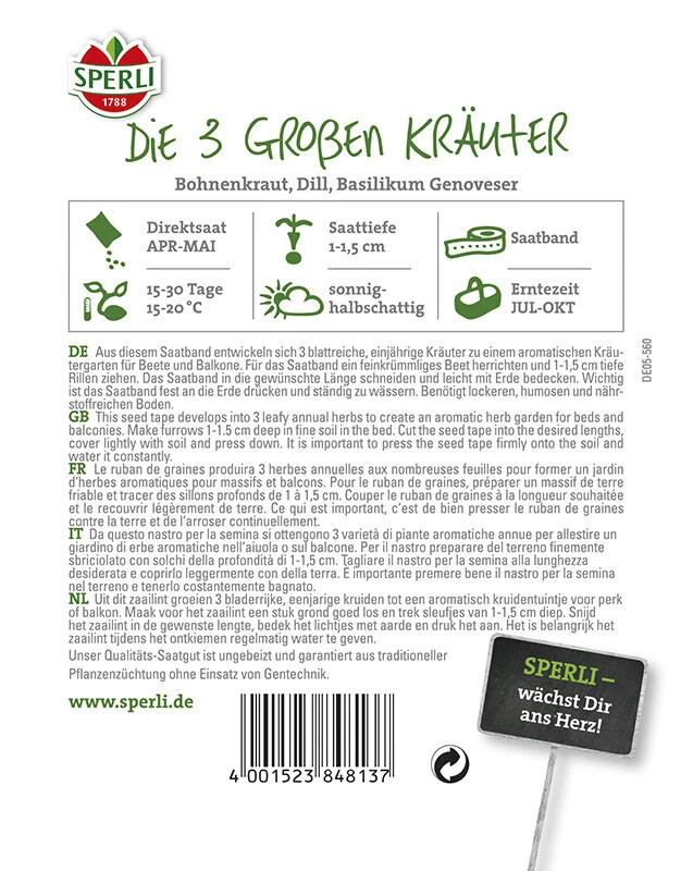 Die 3 Großen Kräuter: Bohnenkraut Dill Basilikum, Saatband 5m 3 Die 3 Großen Kräuter: Bohnenkraut Dill Basilikum, Saatband 5m