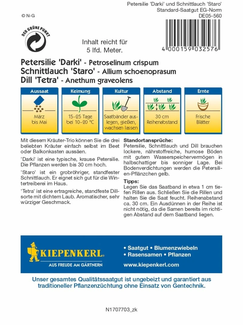 Kräuter-Trio Petersilie, Schnittlauch, Dill, Saatband 5mtr 3 Kräuter-Trio Petersilie, Schnittlauch, Dill, Saatband 5mtr