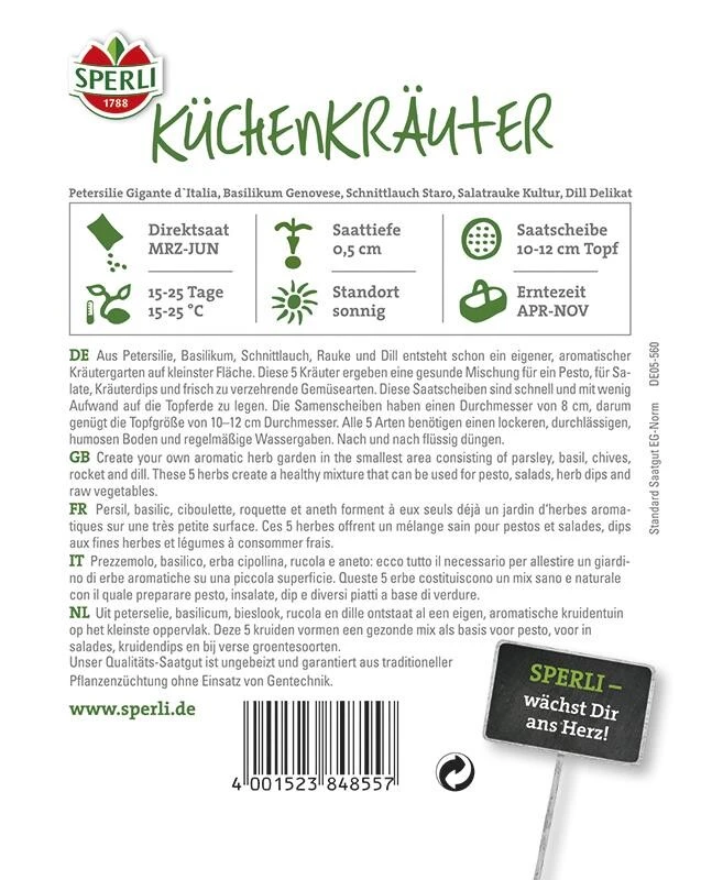 Küchenkräuter Kombi, 5 Saatscheiben 3 Küchenkräuter Kombi, 5 Saatscheiben