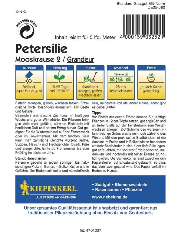 Petersilie Grandeur (Moskrul 2), Saatband 5mtr 3 Petersilie Grandeur (Moskrul 2), Saatband 5mtr